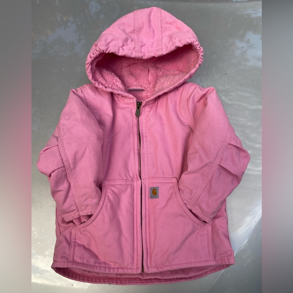 Pink toddler Carhartt winter jacket, canvas, Sherpa lined